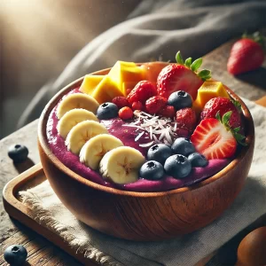 mejores frutas para combinar con açaí congelado, acai bol con toppings de frutas